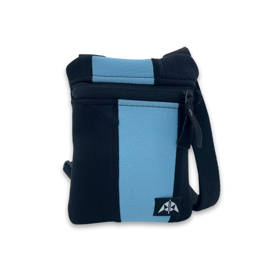 Flat crossbody bag - recycled neoprene, zipped opening and adjustable strap.