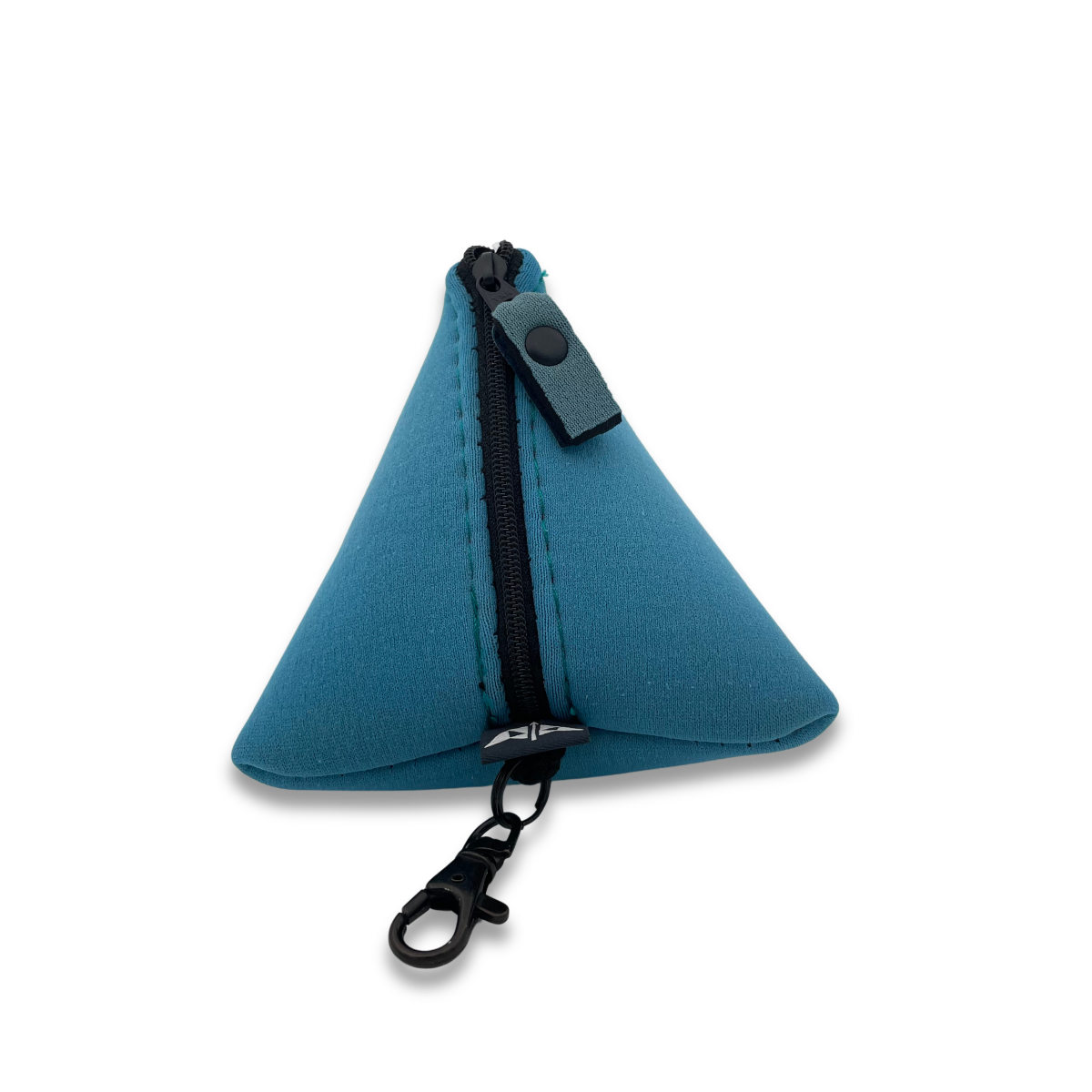Pyramid shaped neoprene pouch with zipped closure and keyring attachment. Made from recycled wetsuits in baby blue.