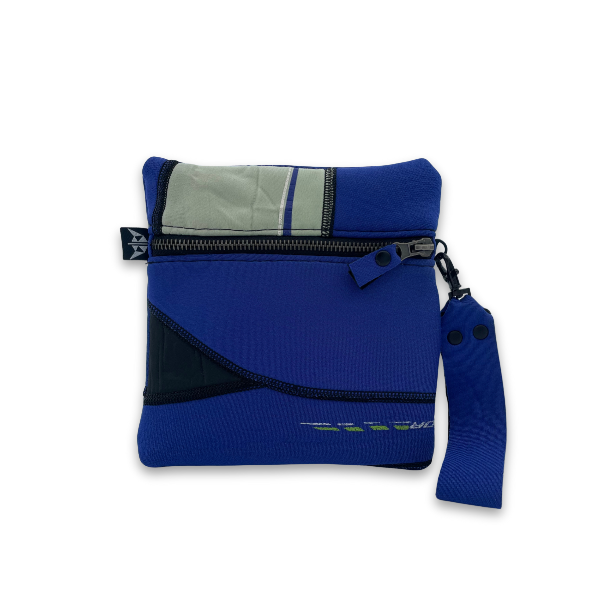 Square pouch with metal zipper, detachable wrist strap.