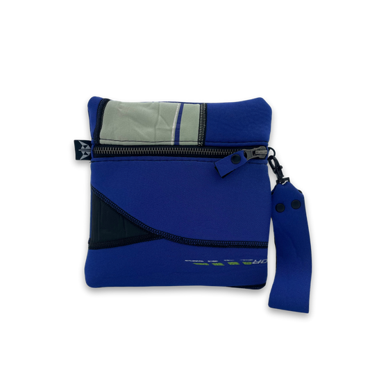 Square pouch with metal zipper, detachable wrist strap.