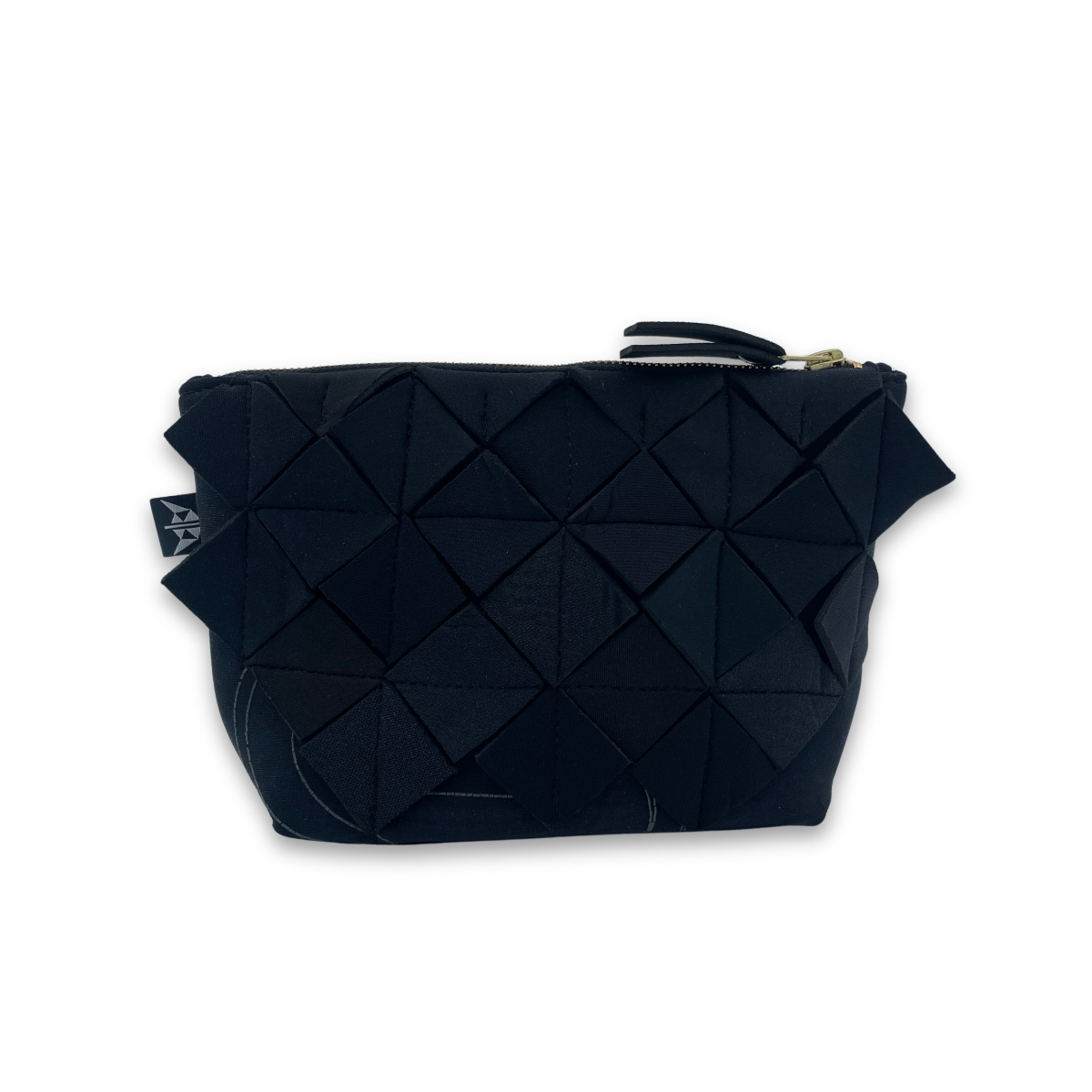Recycled washbag with textured geometric pattern in black. Made from recycled wetsuits.