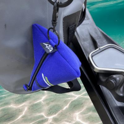 Pyramid pouch made from upcycled wetsuits (neoprene). Attached to dry bag. Made by Mindful Manta wetsuit recycling/upcycling Sussex.