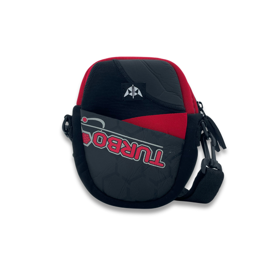 Crossbody bag with zipped closure, removable & adjustable strap, slip pocket at front, made from neoprene recycled from wetsuits in red & black.