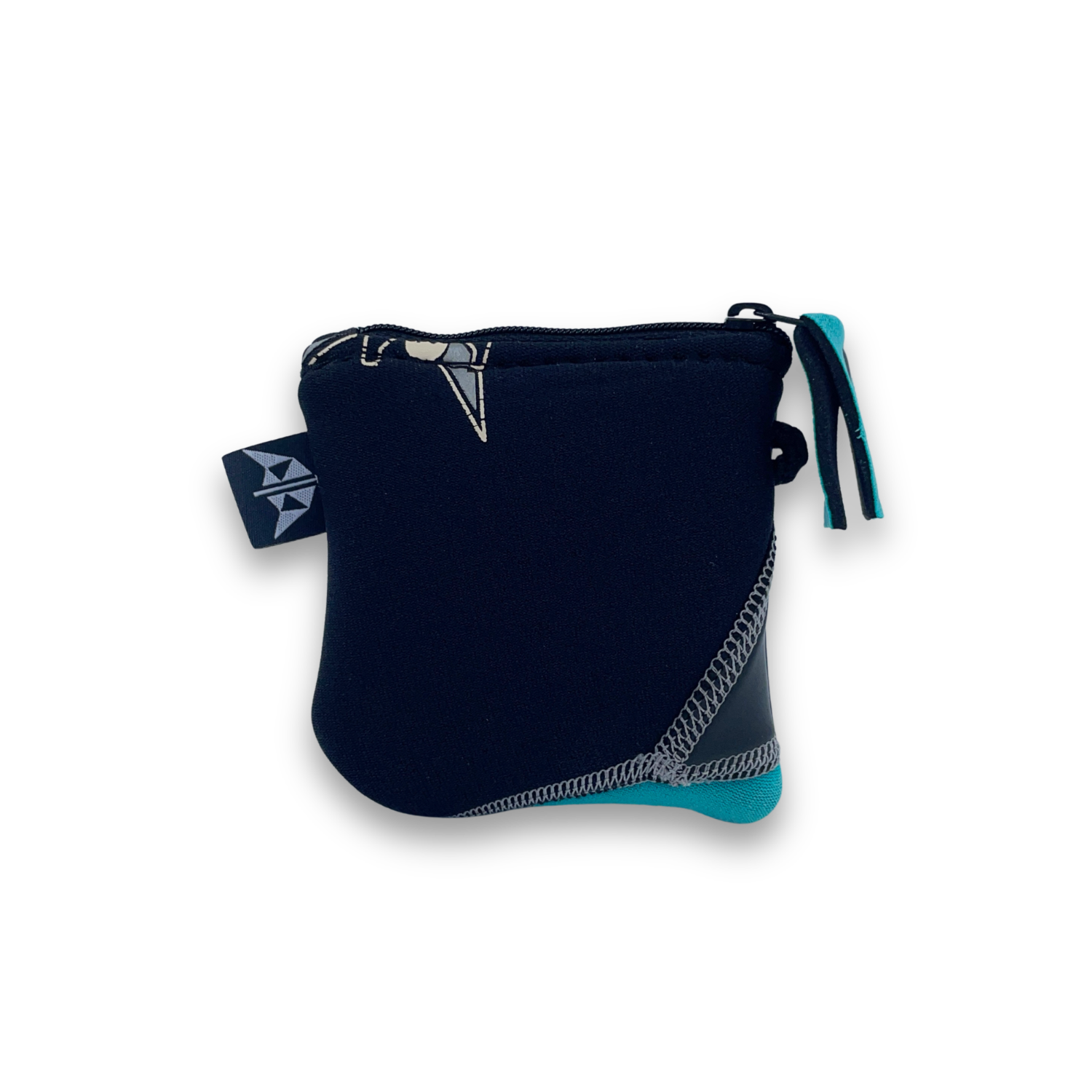 Coin Pouch made from upcycled wetsuits in black and blue.