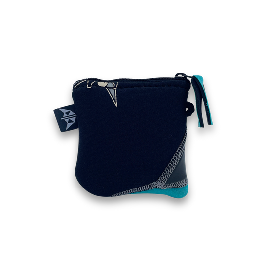 Coin Pouch made from upcycled wetsuits in black and blue.