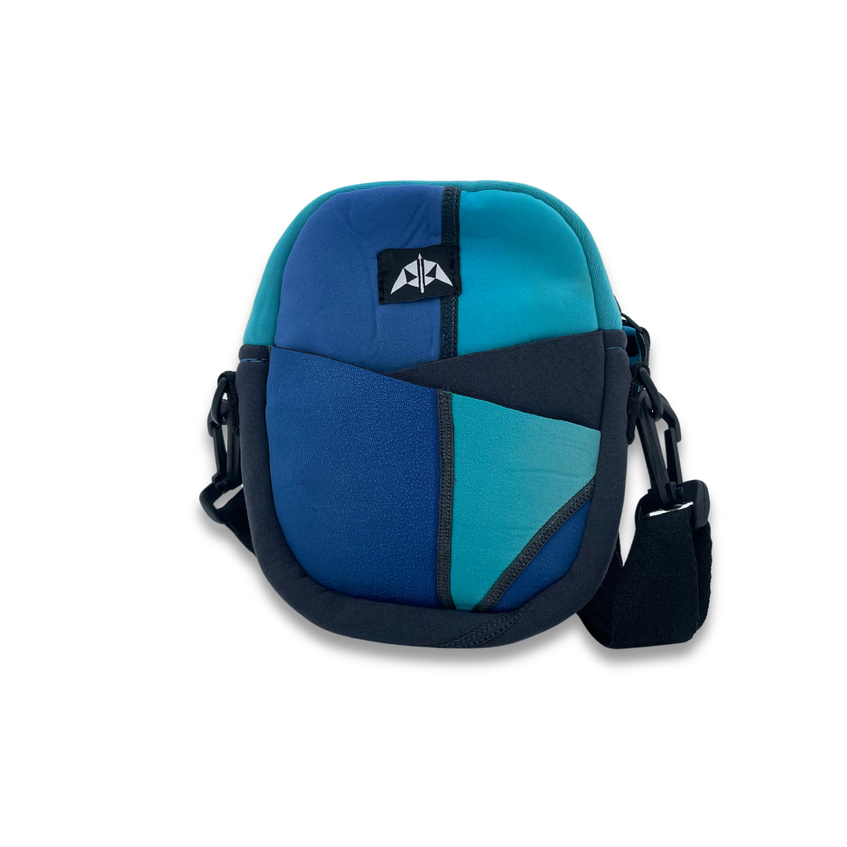 Zipped crossbody bag with zipped opening, adjustable strap and front slip pockets. In baby blue, bright blue and grey. Made from upcycled wetsuits