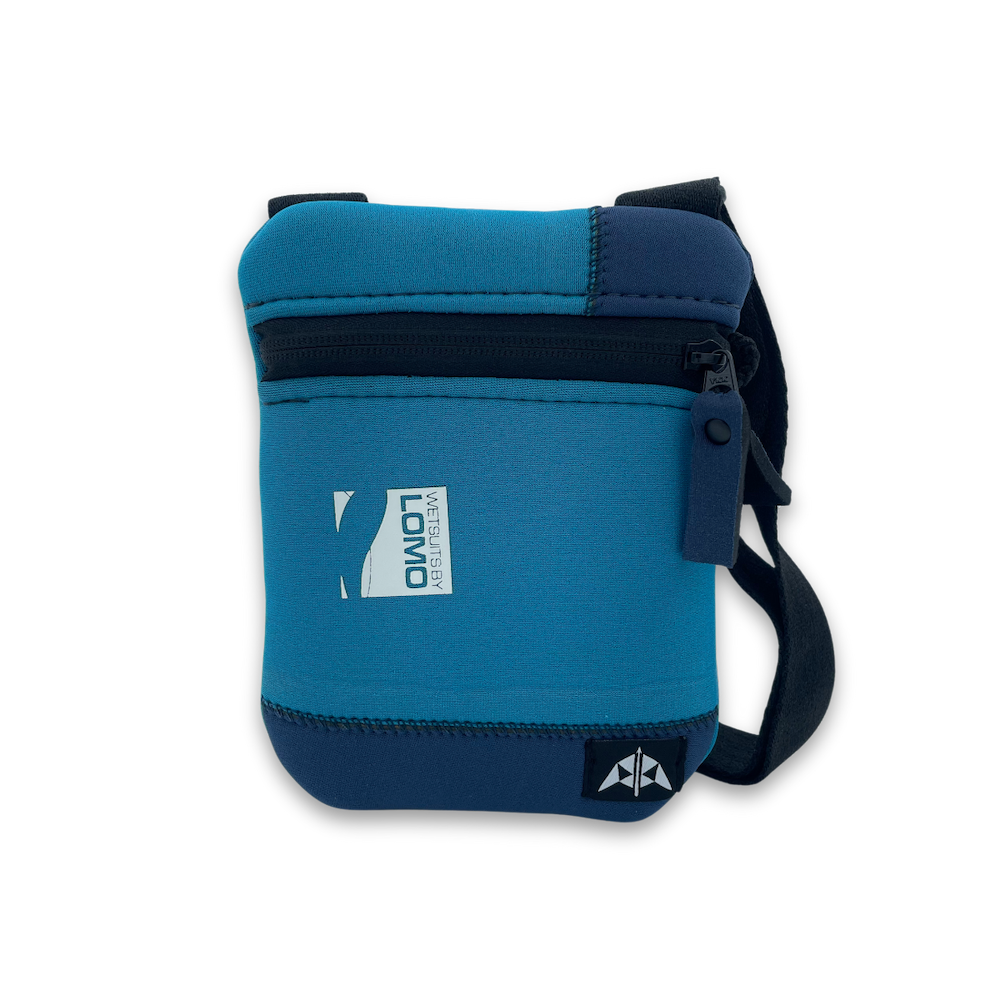 Flat zipped crossbody bag with adjustable strap - made from recycled wetsuits. 