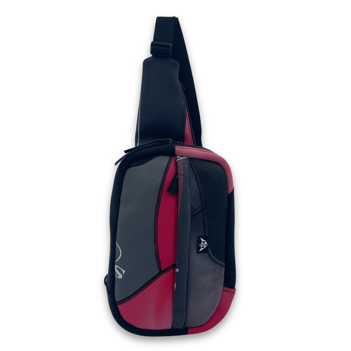 A red and grey sling crossbody bag with an adjustable strap, made from recycled materials.