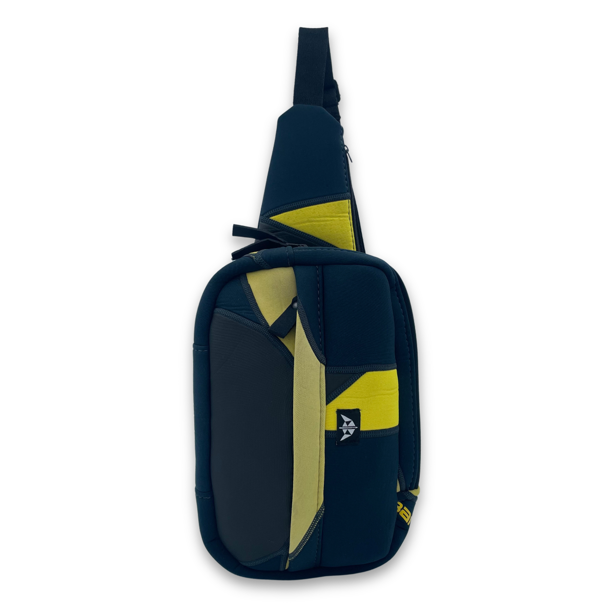 A navy and yellow sling crossbody bag with multiple compartments and an adjustable strap.