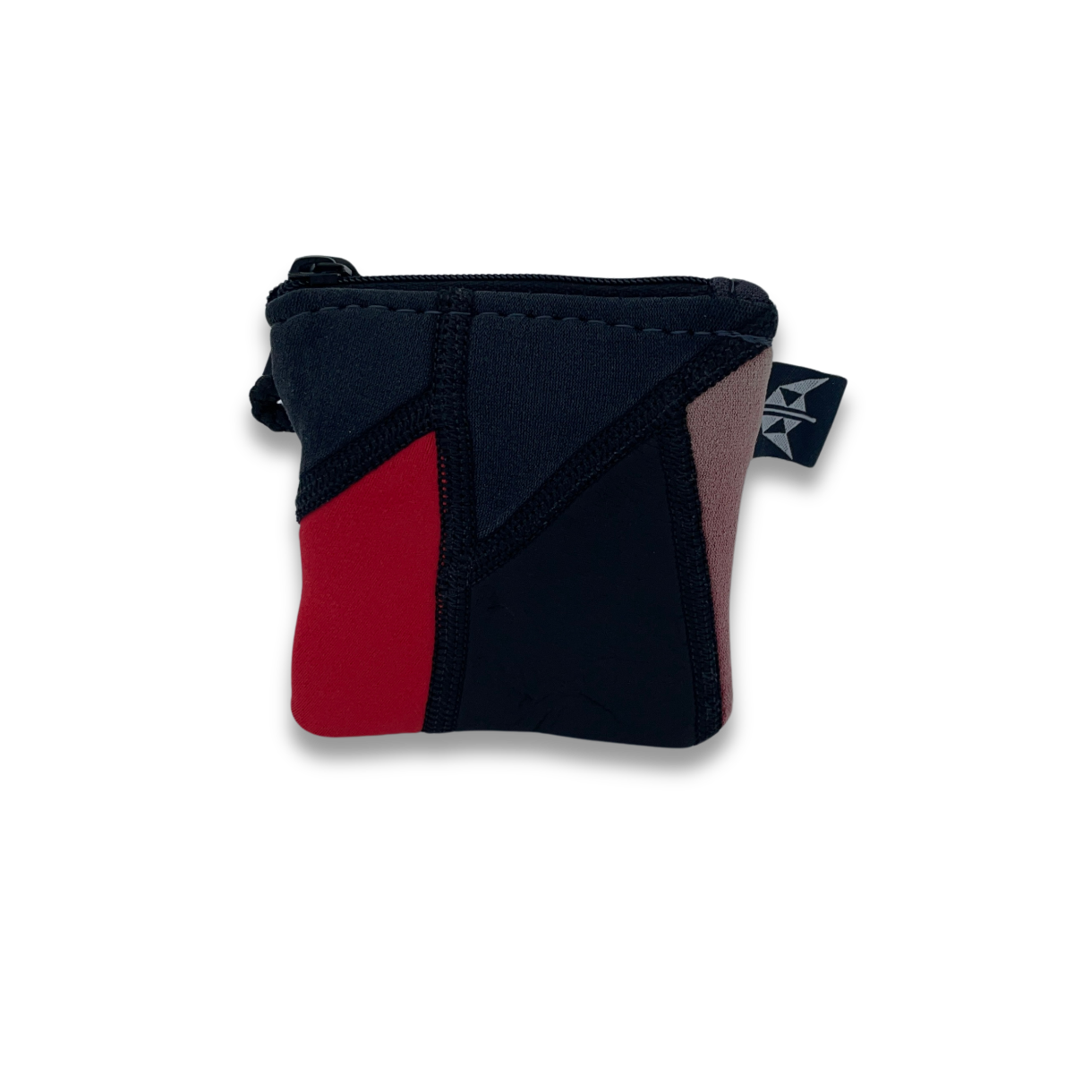 Recycled wetsuit coin pouch with zipped closure and security loop. Made from recycled wetsuits in red and black.