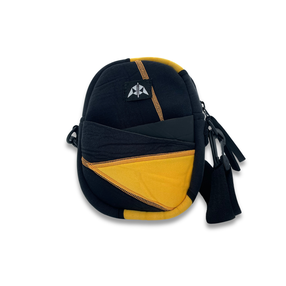 Crossbody bag with adjustable strap and zipped opening. Made from yellow and black recycled wetsuits with front slip pocket. Upcycled from wetsuits