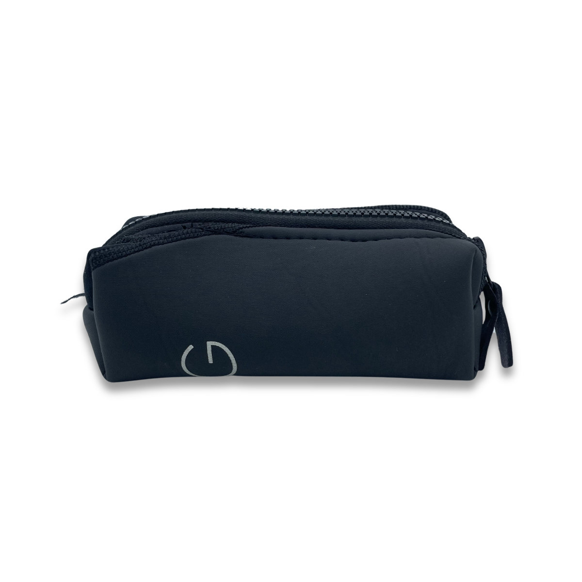 Recycled boxy pencil case with zipped closure and pull tab in black. Recycled from wetsuits.