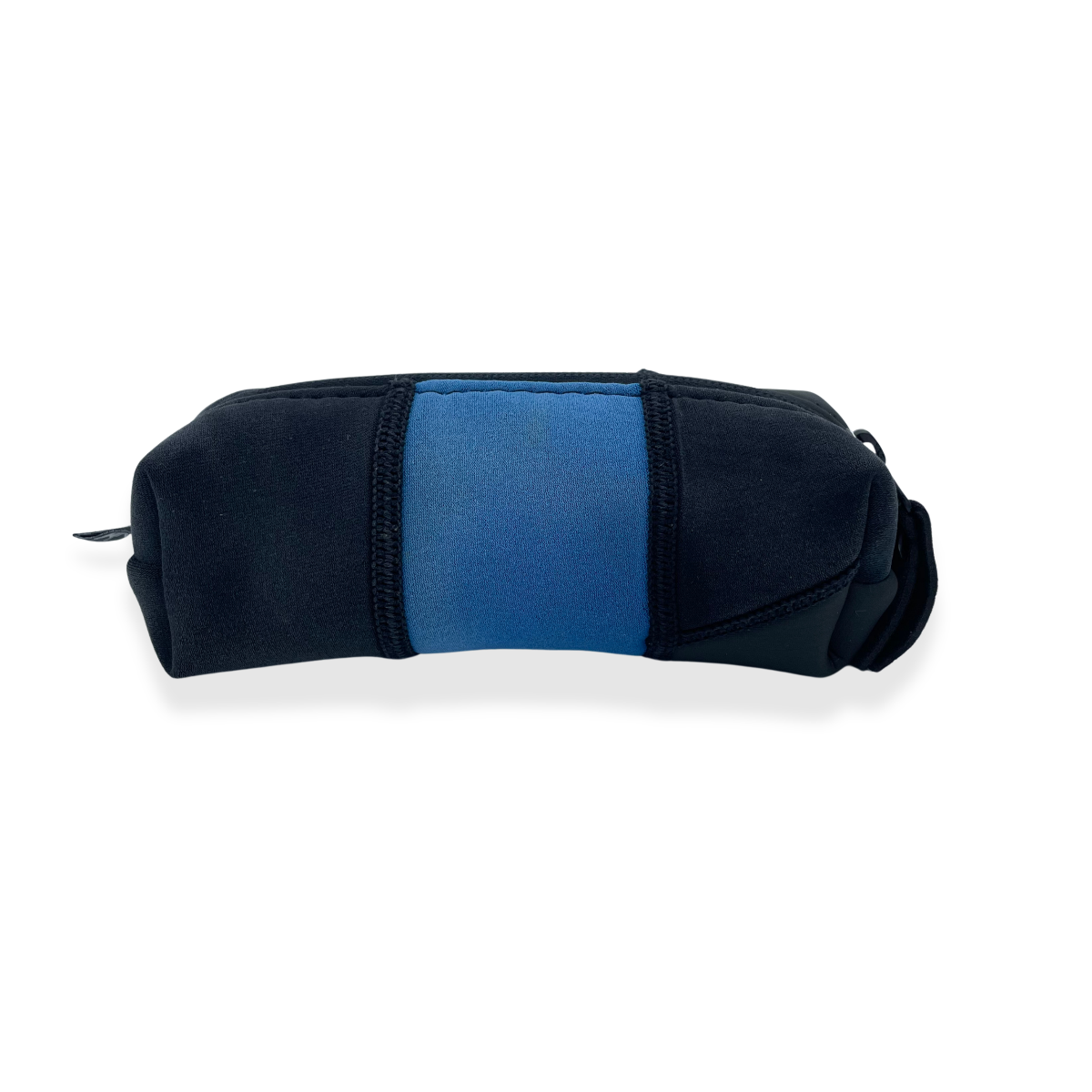 Recycled Boxy pencil case with zipped closure and pull tab in black & blue.