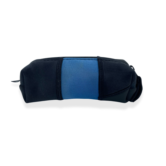 Recycled Boxy pencil case with zipped closure and pull tab in black & blue.