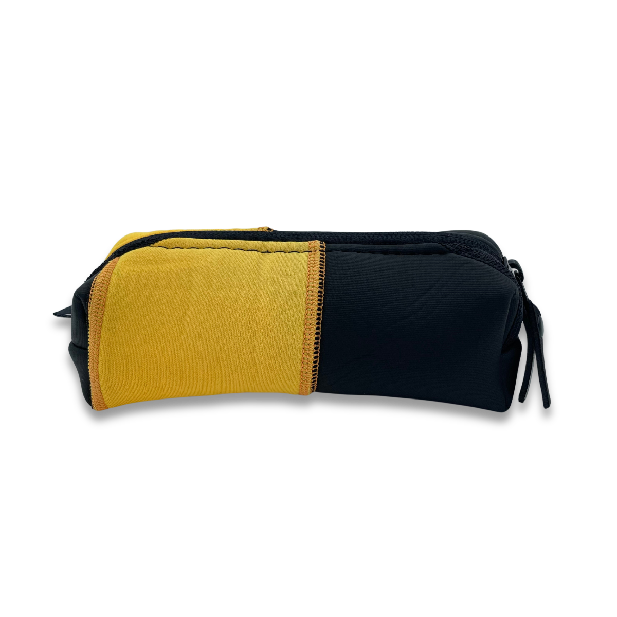 Recycled Boxy pencil case with zipped closure and pull tab, made from recycled wetsuits in black & yellow.