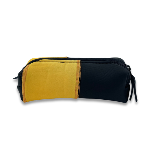 Recycled Boxy pencil case with zipped closure and pull tab, made from recycled wetsuits in black & yellow.