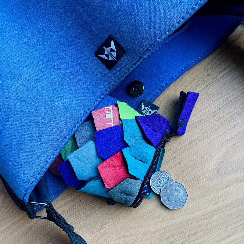 Bright blue tote bag with adjustable strap and clasp close, with mermaid coin pouch - mermaid scale shapes in multi colour. 